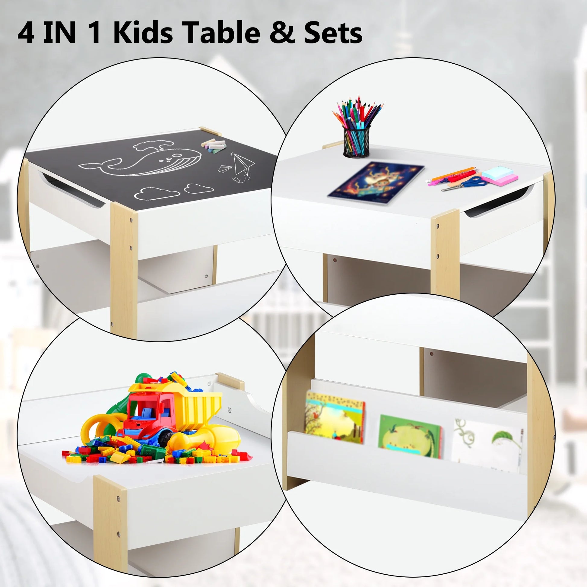 4 in 1 Kids Table 2 Chairs Set, Activity Table for Toddler with Storage Shelf, Natural