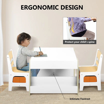 4 in 1 Kids Table 2 Chairs Set, Activity Table for Toddler with Storage Shelf, Natural