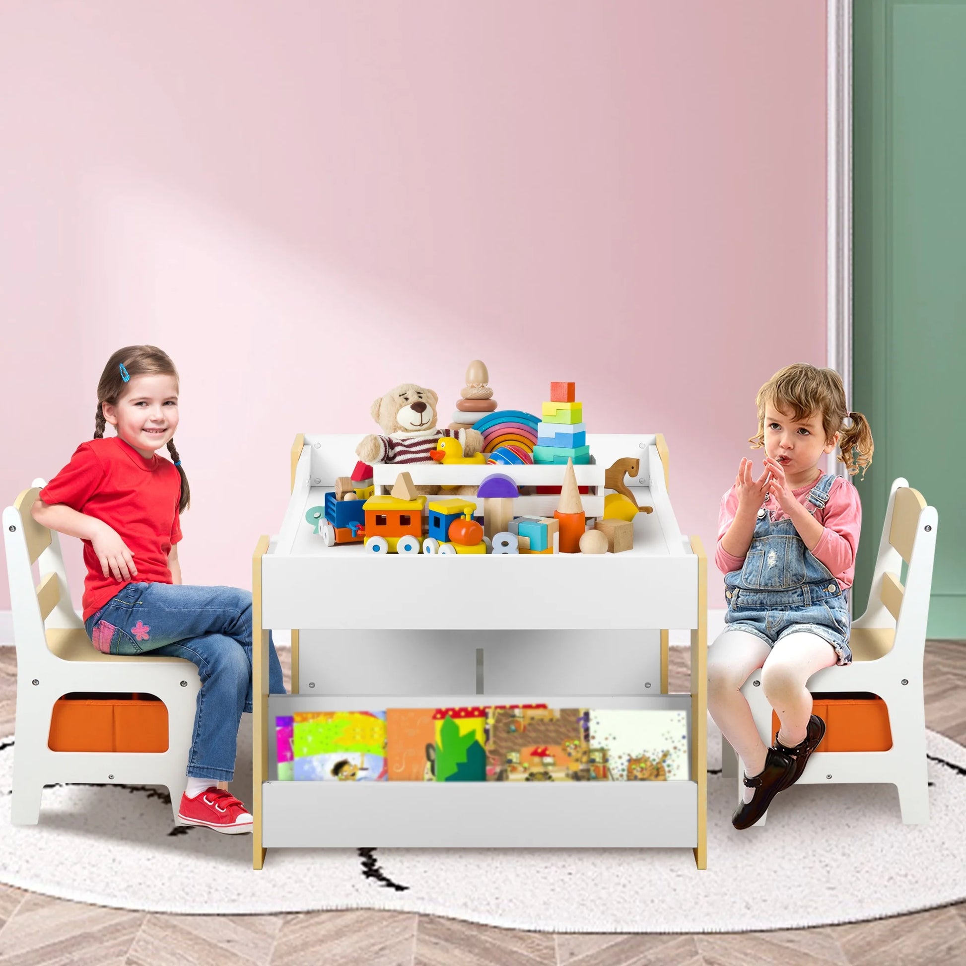 4 in 1 Kids Table 2 Chairs Set, Activity Table for Toddler with Storage Shelf, Natural