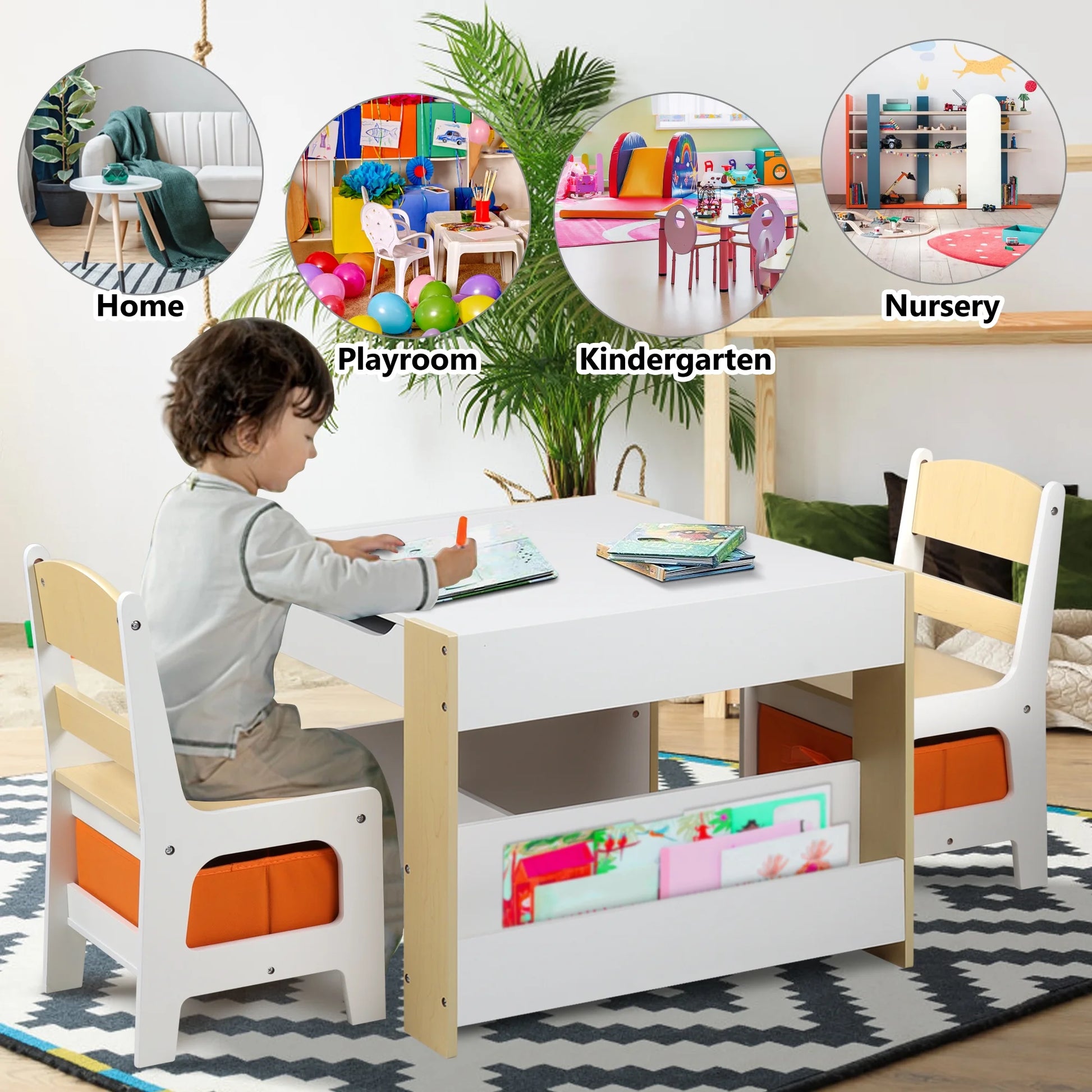 4 in 1 Kids Table 2 Chairs Set, Activity Table for Toddler with Storage Shelf, Natural