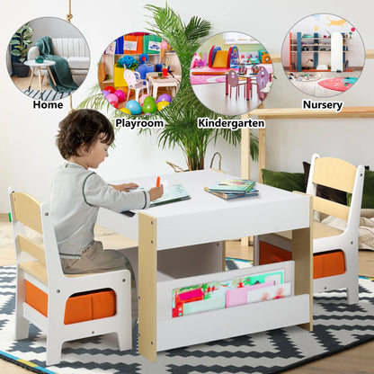 4 in 1 Kids Table 2 Chairs Set, Activity Table for Toddler with Storage Shelf, Natural