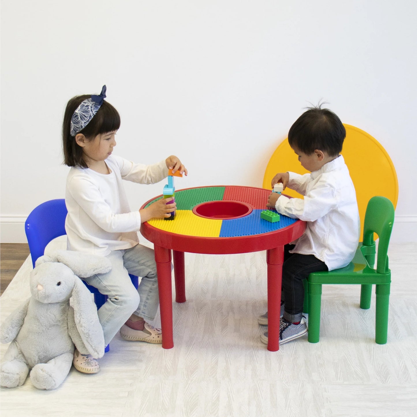 Primary Toddler 2-In-1 Plastic Building Blocks-Compatible Activity Table and 2 Chairs Set, Round, Primary