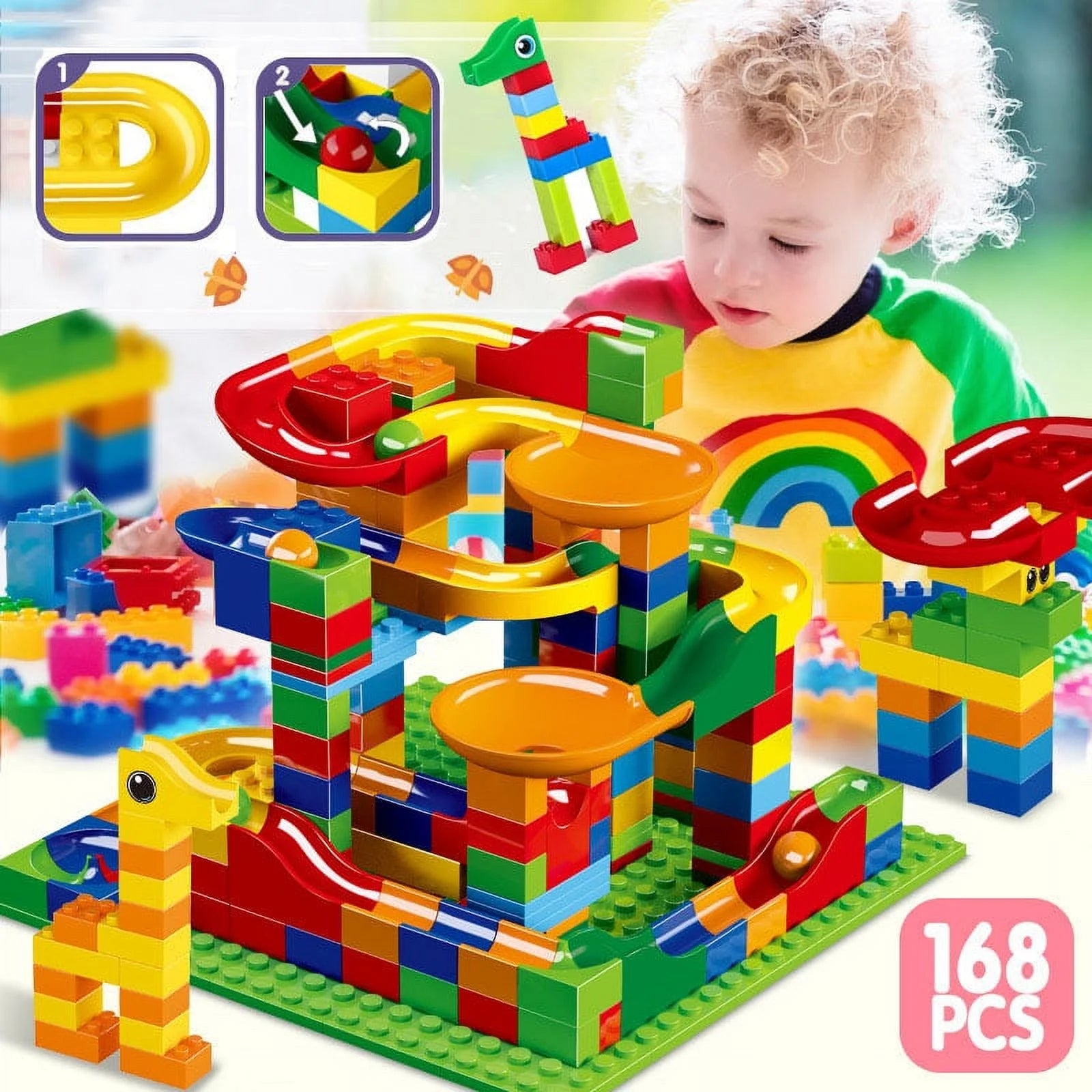 Run Building Blocks for Kids Ages 4-8, 168 PCS Classic Big Size Blocks Set, Crazy Run Building Blocks with 4 Balls Race Track, Educational Toys Bricks Set Christmas Birthday Toy for Boys Girls