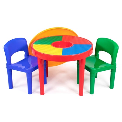 Primary Toddler 2-In-1 Plastic Building Blocks-Compatible Activity Table and 2 Chairs Set, Round, Primary