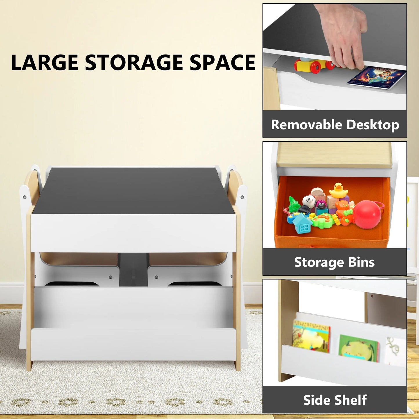 4 in 1 Kids Table 2 Chairs Set, Activity Table for Toddler with Storage Shelf, Natural