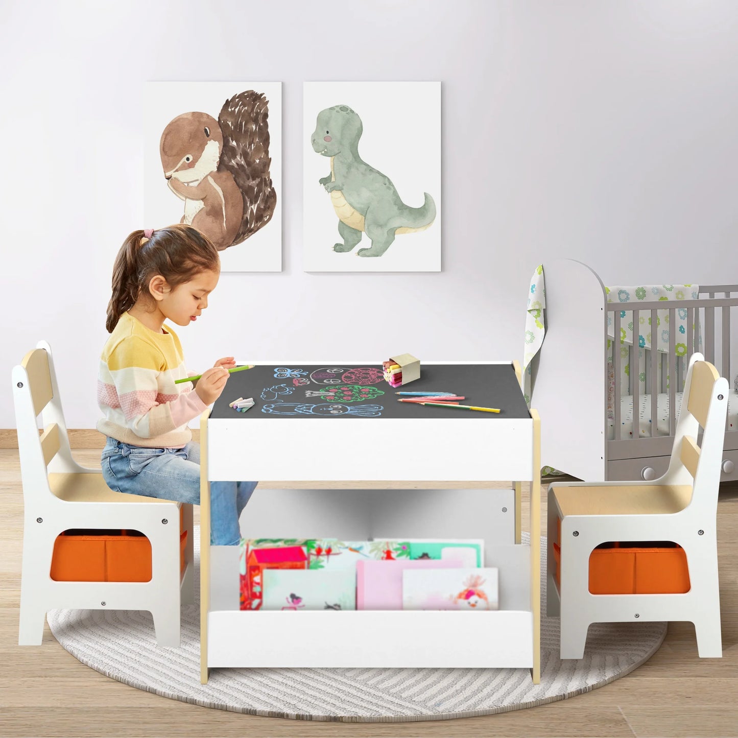 4 in 1 Kids Table 2 Chairs Set, Activity Table for Toddler with Storage Shelf, Natural