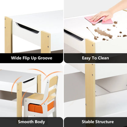 4 in 1 Kids Table 2 Chairs Set, Activity Table for Toddler with Storage Shelf, Natural