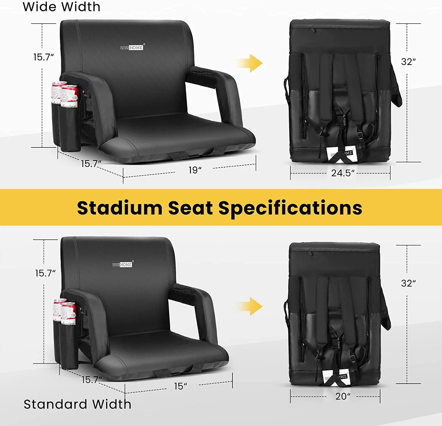 20" Standard Width Reclining Stadium Seat Chairs with Backrest and Armrests, Portable Cushions for Bleachers, 1 Pack
