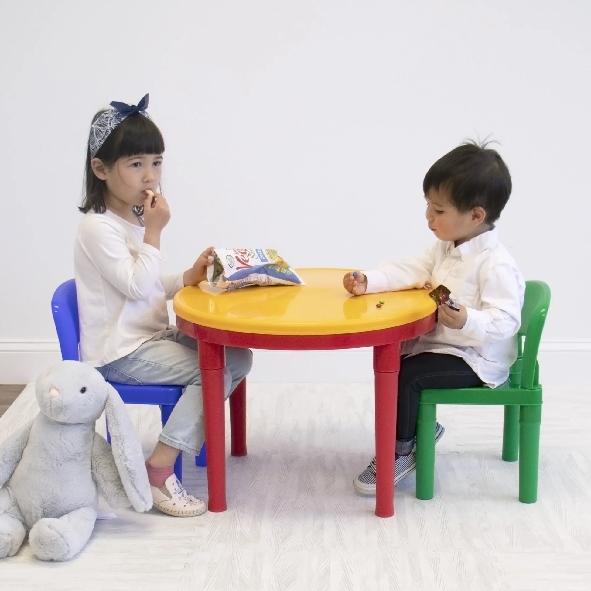 Primary Toddler 2-In-1 Plastic Building Blocks-Compatible Activity Table and 2 Chairs Set, Round, Primary