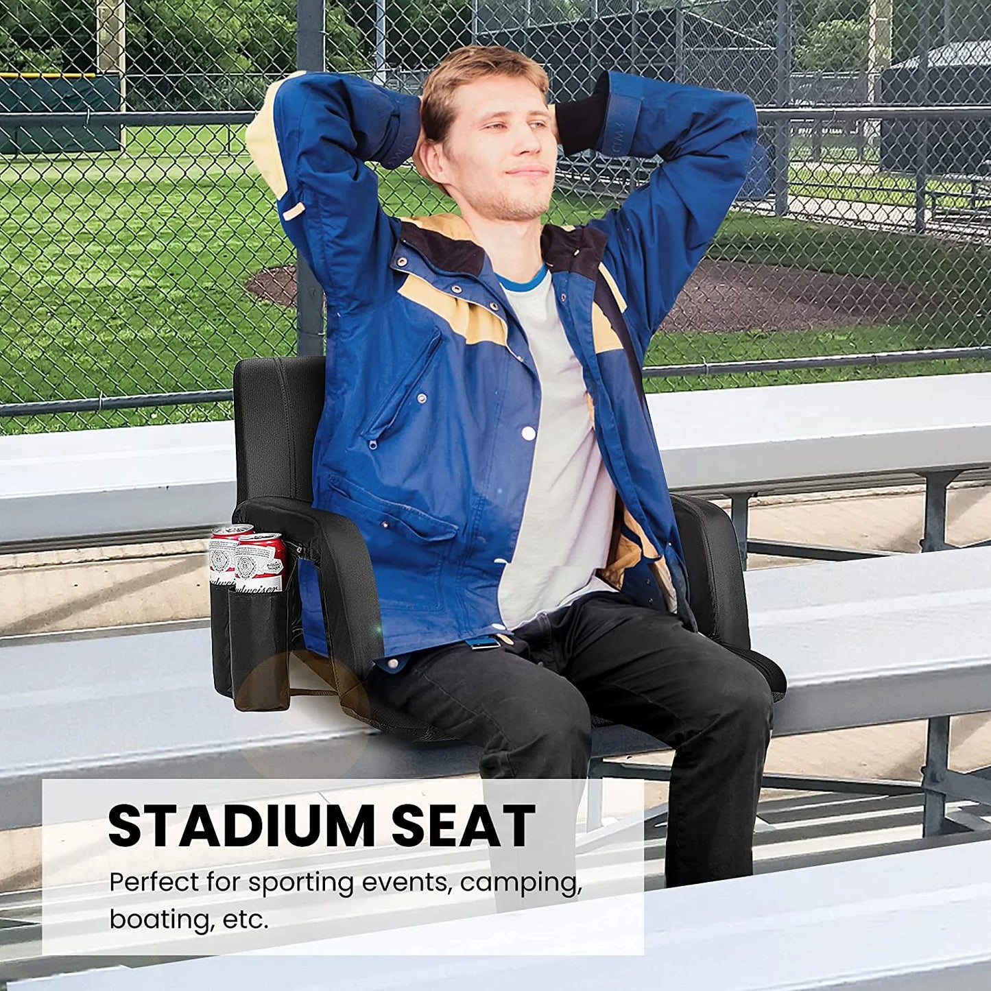 20" Standard Width Reclining Stadium Seat Chairs with Backrest and Armrests, Portable Cushions for Bleachers, 1 Pack